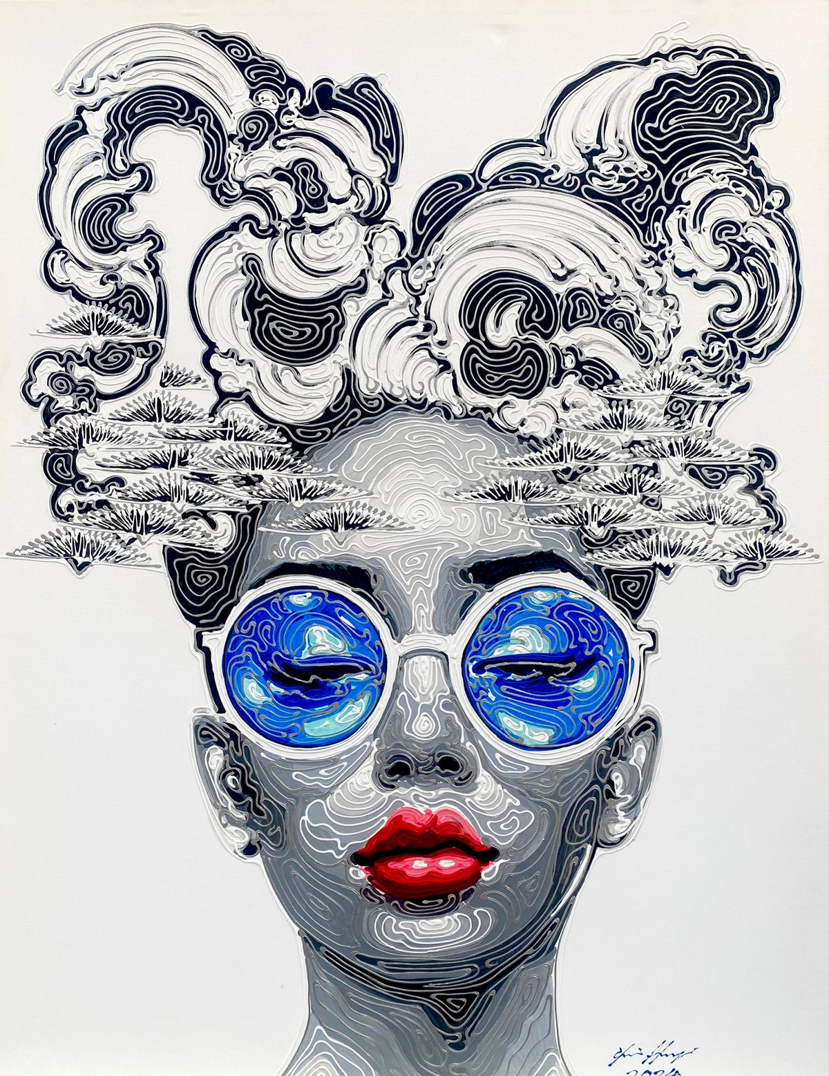 Emanating a balmy summer feel, a striking, large-scale contemporary portrait painting demonstrating Chaiyapong's signature style with intertwining East Asian motifs.