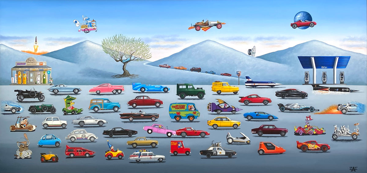 A limited edition has been released by Grant Searl of his re-imagined 'Wacky Races' painting inspired by cartoons, TV and film.