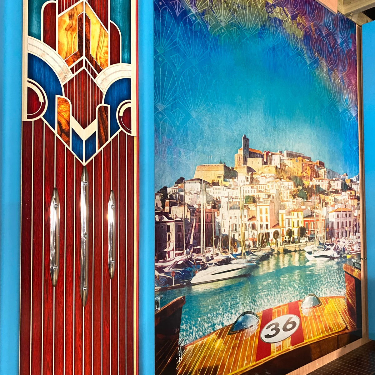 Bespoke commercial interiors - Wall mural and custom made columns for a boat themed entertainment club.