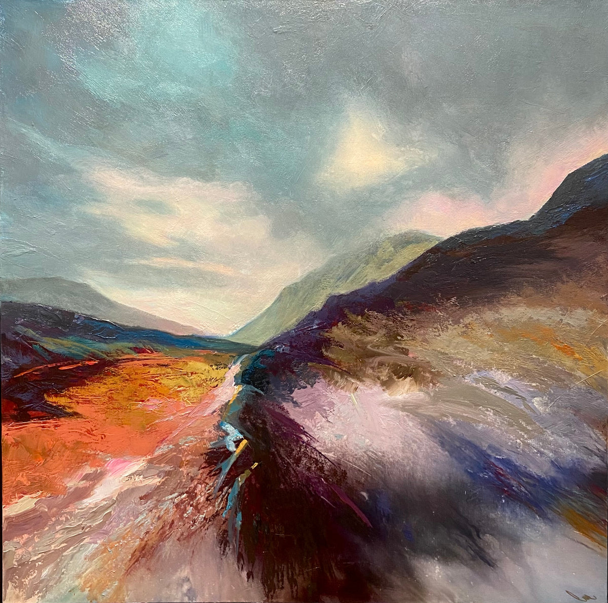 Depicting a rugged mountain climb through a spectacular landscape from Eve Flanagan's Atmospheric Land & Sea collection.