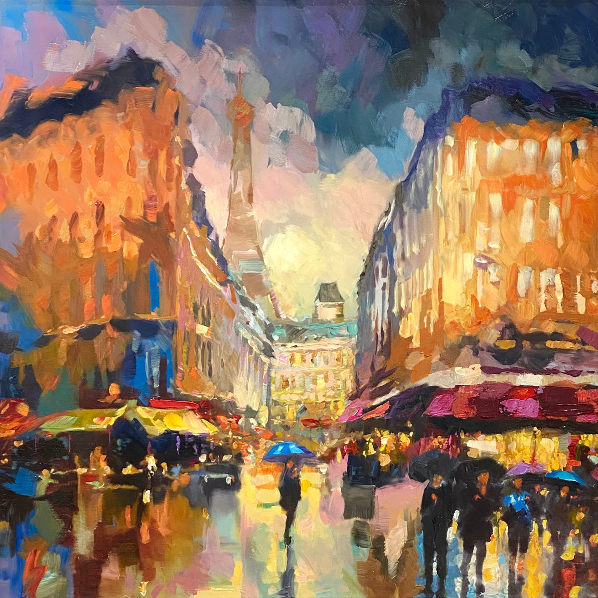 James Blinkhorn has created a beautiful , romantic Impressionist style painting of a rainy evening in Paris.