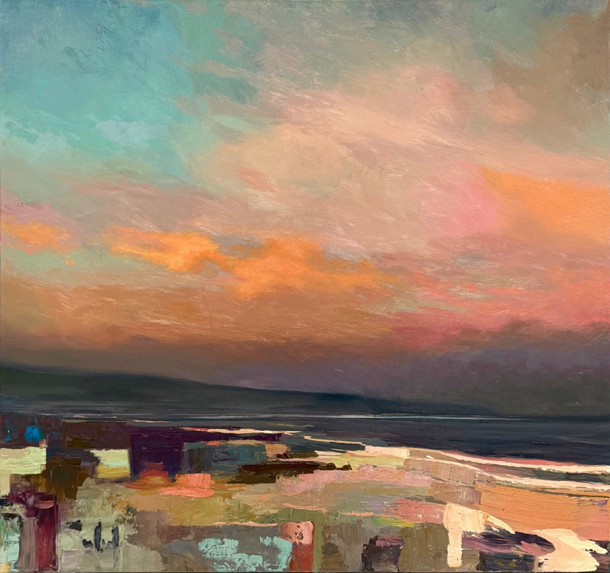 Capturing that sense of shifting clouds at sunset that reveal a multitude of new colours from turquoise to orange, this coastal scape is from Eve Flanagan's Atmospheric Land & Sea collection.