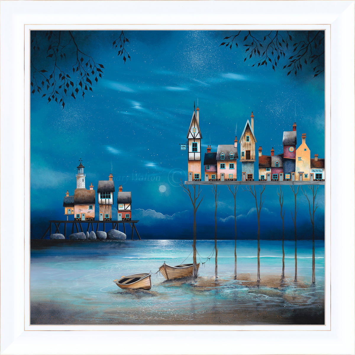 A fantastical, charming evening coastal scene from Gary Walton with a starry night, a deep vivid blue sky, calm turquoise waters and a quirky pier constructed of narrow tree trunks. 