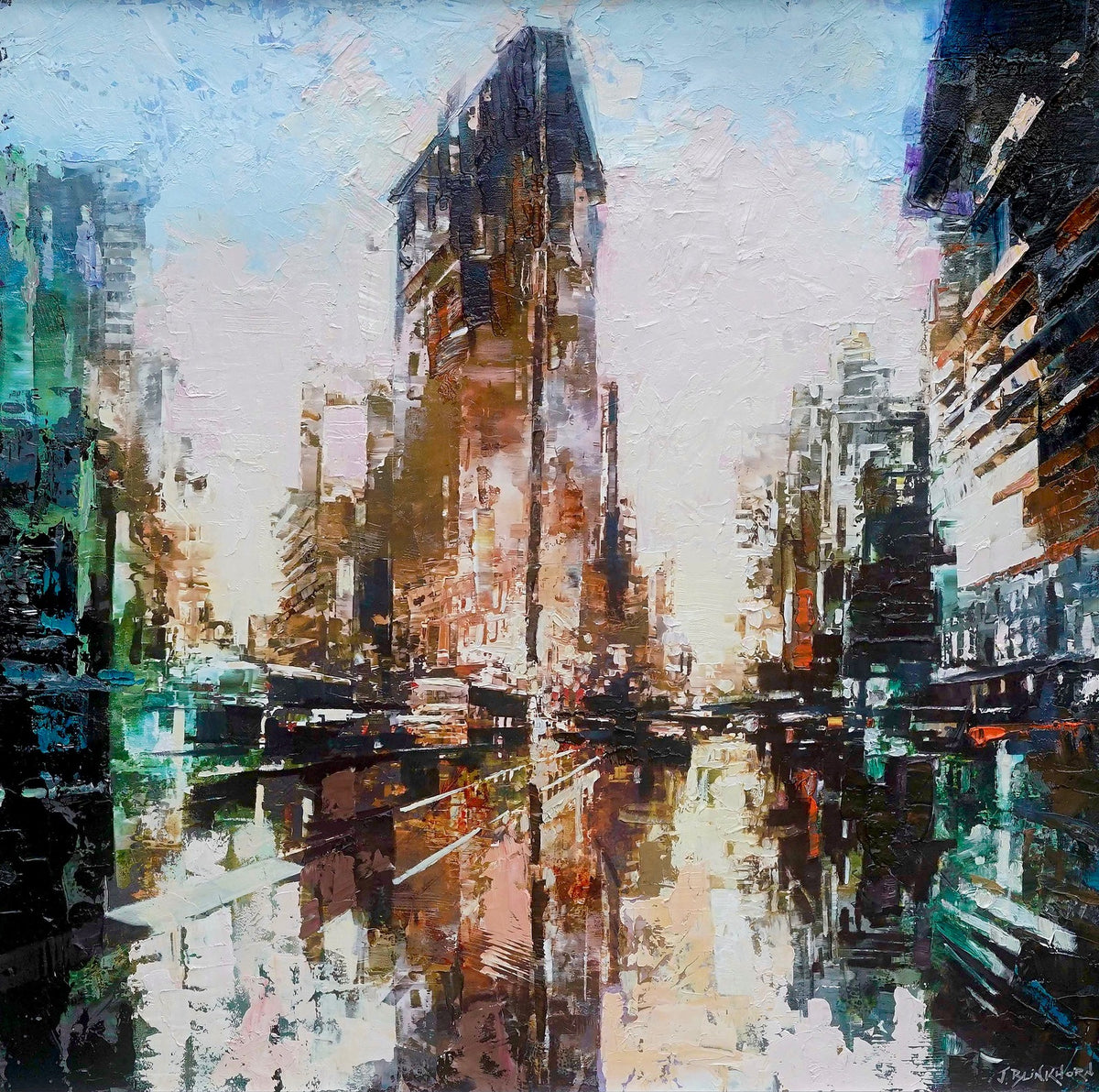 An expressive highly textured painting of New York's iconic Flatiron building by James Blinkhorn.