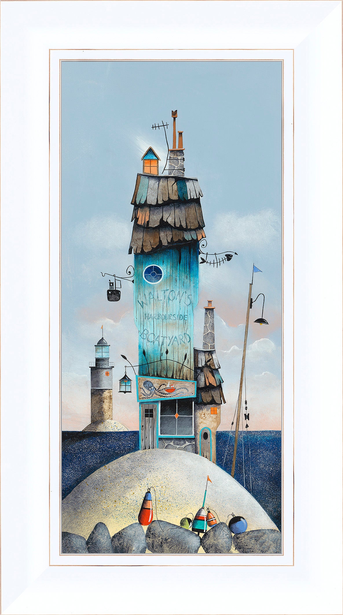 A fantastical quirky depiction of a coastal boatyard by Gary Walton.