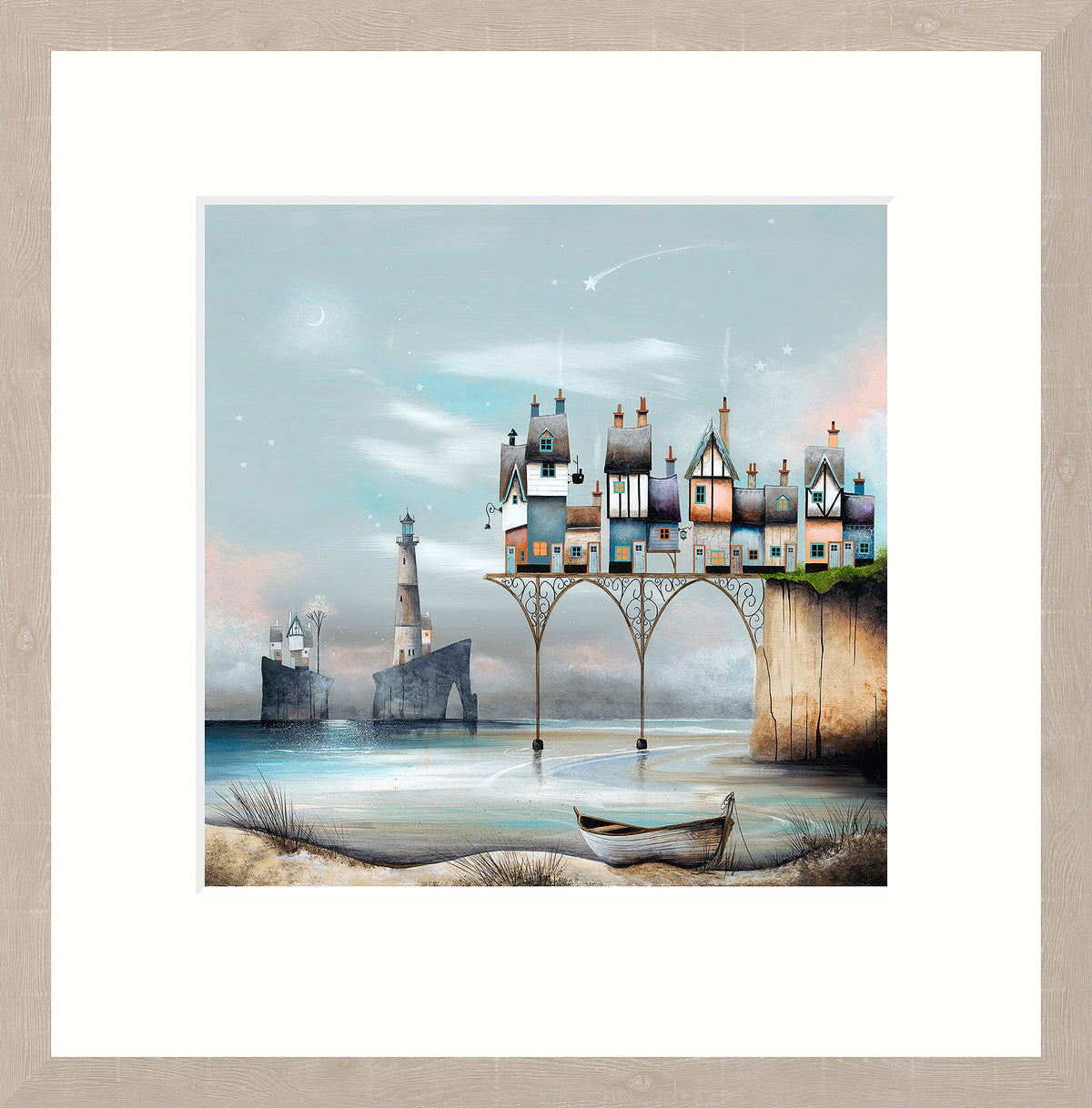 A beautiful depiction of a serene whimsical coastal scene by Gary Walton with a decorative quirky pier set against starry backdrop at dusk. 