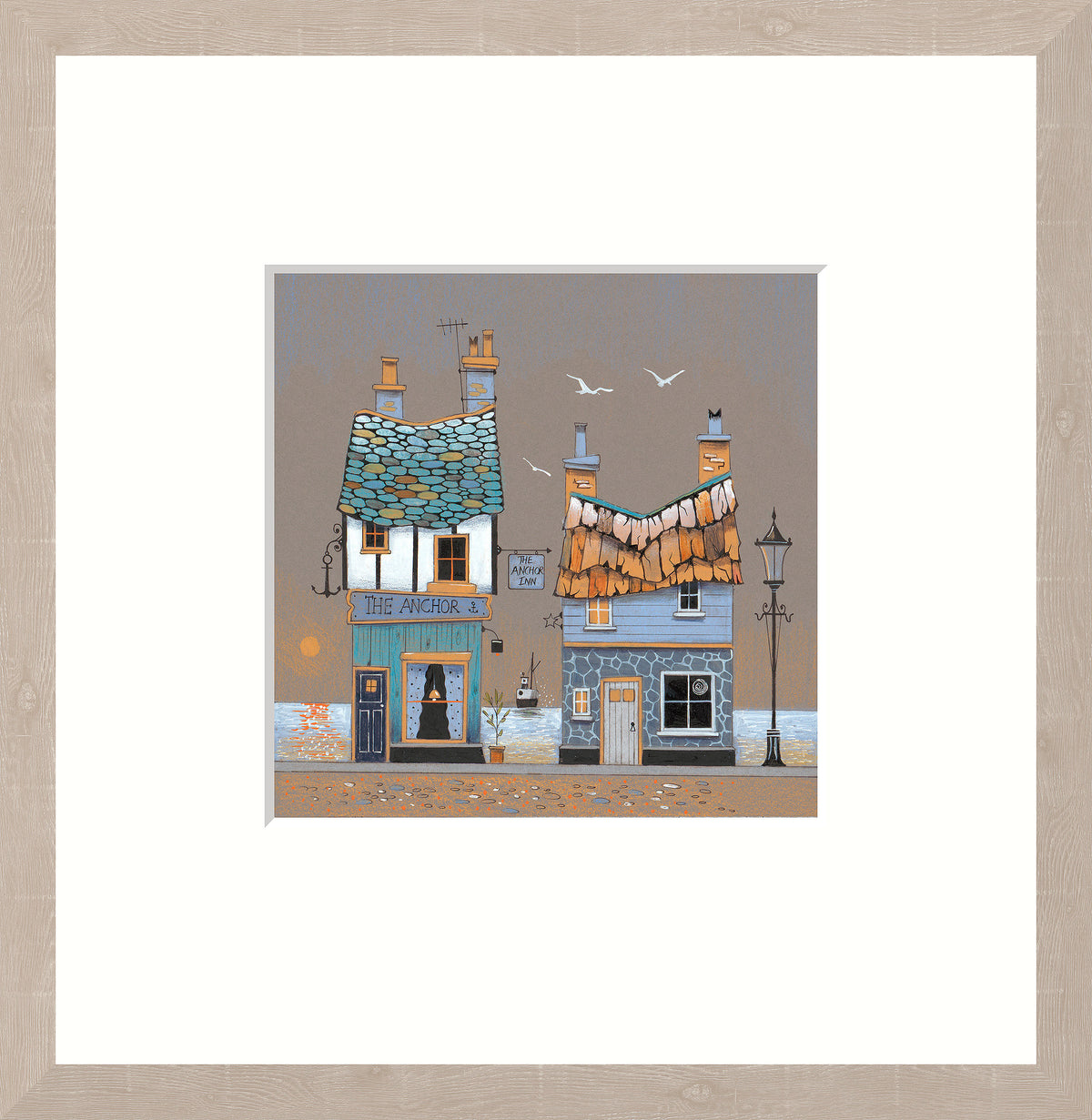 One of Gary Walton's latest playful depictions of a pub in a coastal town with a wonderful illustrative style that transports you to another world.