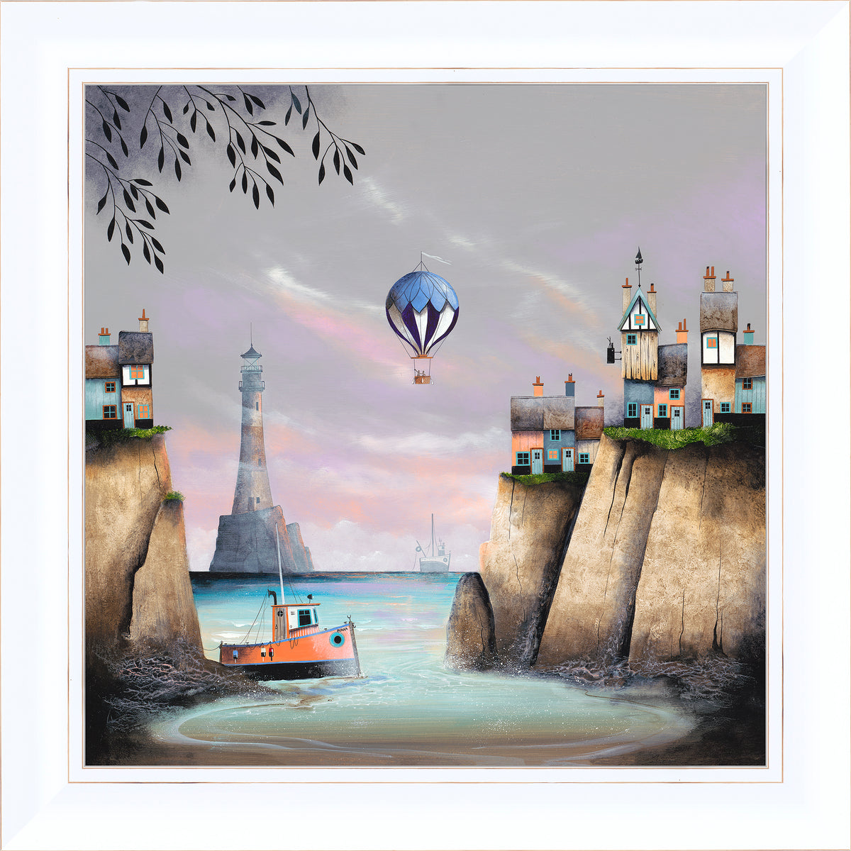 A delightful fusion of the real and the imaginary as a hot air balloon floats into a quirky village on a coastal cliff at dusk.