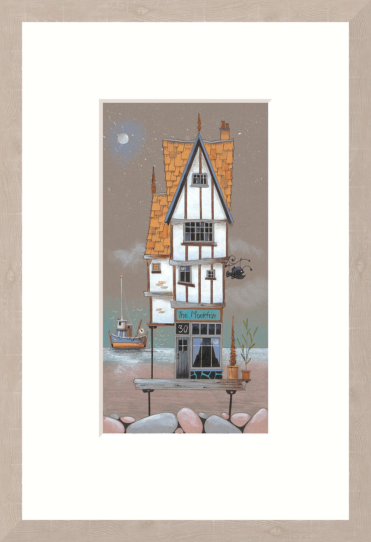 A quirky harbourside restaurant 'The Monkfish', one of Gary Walton's brilliant latest imaginings depicting a quirky, characterful coastal building. 