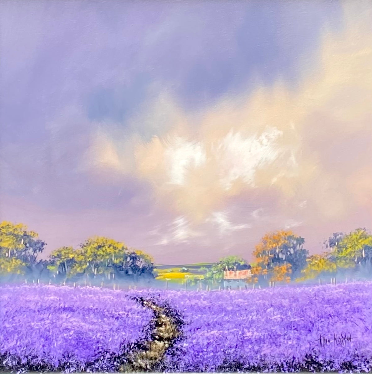 A fine example of Allan Morgan depicting the interplay of light by applying harmonious tones of lavender colour in both the field and sky