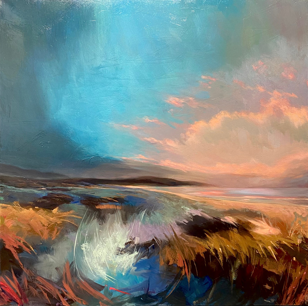 With a striking, sweeping sky, this original coastal scape is from Eve Flanagan's latest Atmospheric Land & Sea collection.